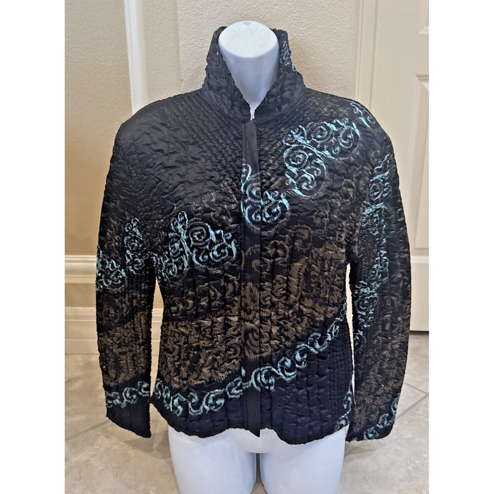 UBU Jacket Black Sz S Reversible Crinkle Metallic Geometric Coat Full Zip Light